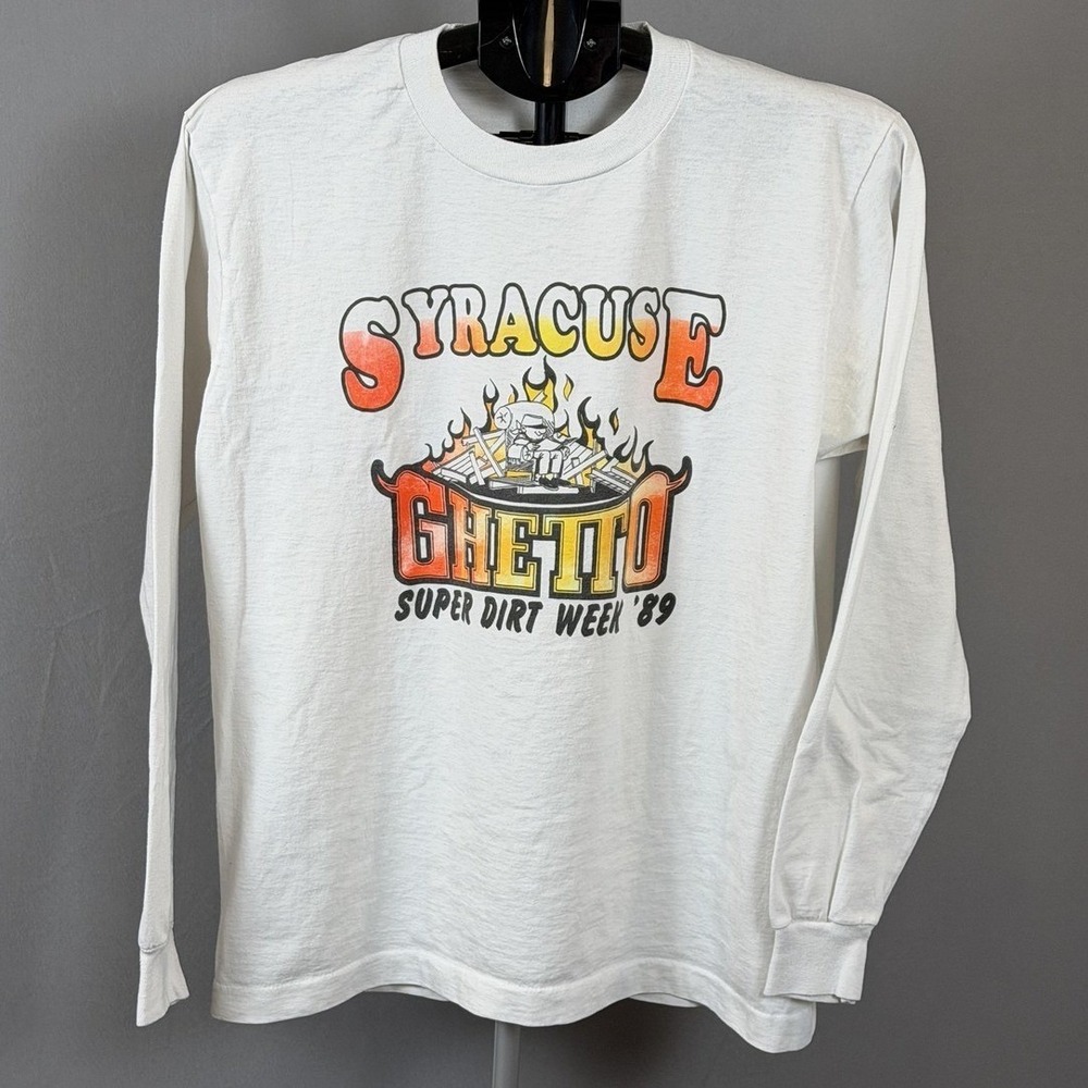Vintage Syracuse Ghetto Shirt Mens‎ Large White Long Sleeve 1989 Dirt Track